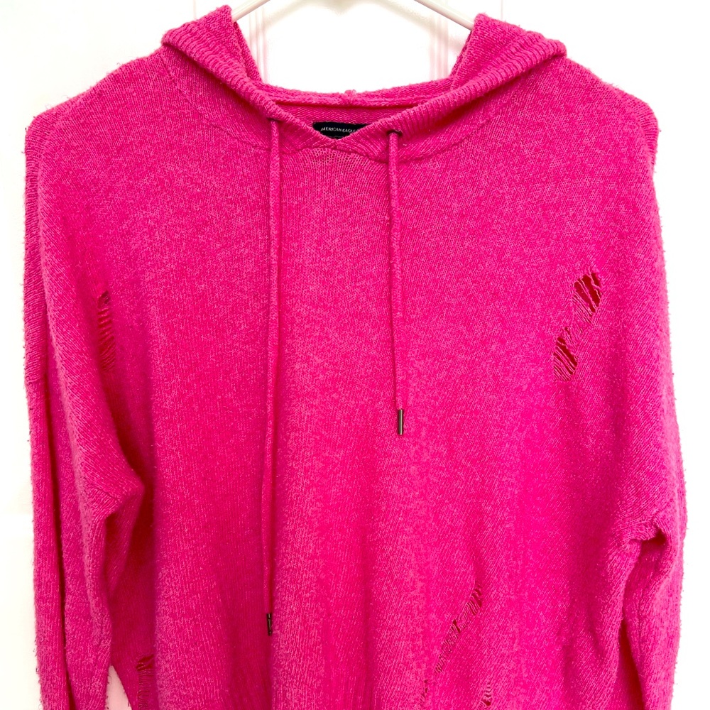 American Eagle Hot-Pink Distressed Knit Hoodie
